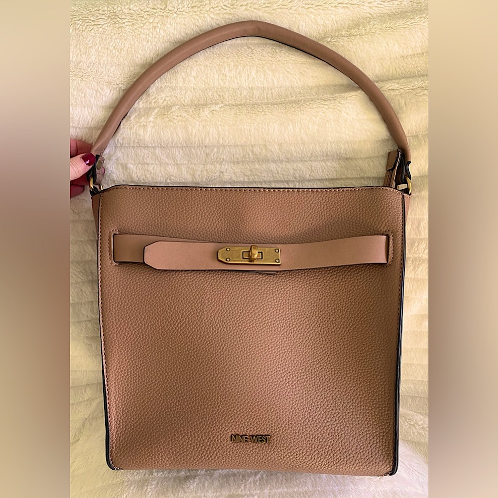 Nine West, Vegan Leather, Top Zip Satchel, Tan/Light Brown EUC